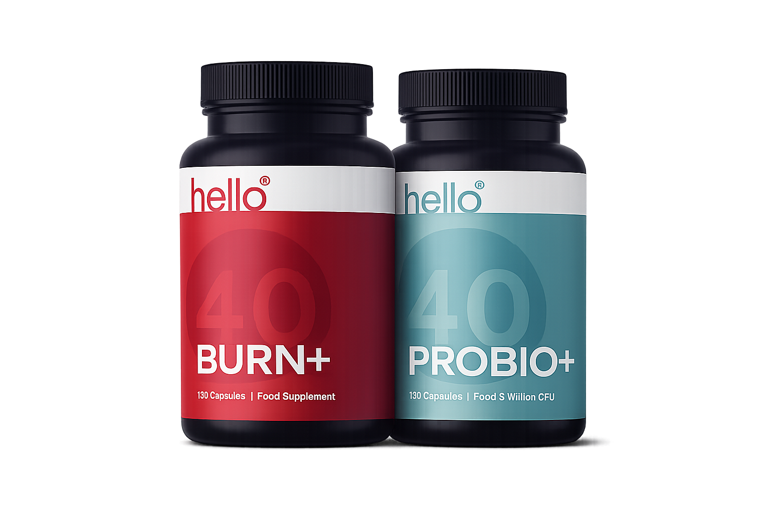 Hello40 Burn+ and Probio+ bottles